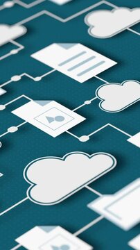connected clouds with different file and folder icons, sharing data, concept of cloud computing, smart working, global business, big data, isometric view (3d render)