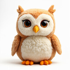 Fototapeta premium Cute plush owl toy standing on a white background with copy space