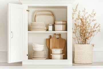 Fototapeta premium Minimalist Kitchen Shelf Arrangement With Ceramics, Wooden Cutting Boards, and Decorative Flowers