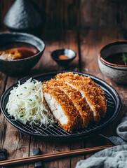 Crispy Chicken Katsu with Steamed Rice and Tonkatsu Sauce in a Traditional Japanese Setting  
