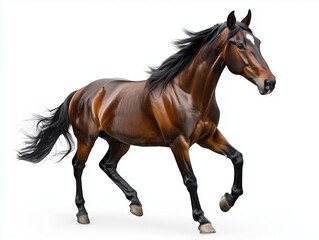 Obraz premium Majestic horse running gracefully on white background, showcasing its powerful physique and flowing mane. image captures beauty and elegance of this magnificent animal