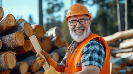 Happy Carpenter Working With Wood in a Sunny Forest Setting, Showcasing Craftsmanship and Skill