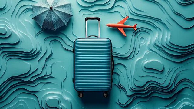 Vibrant travel scene featuring a blue suitcase, umbrella, and airplane