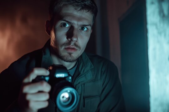 Ghost Hunt. Male Ghost Hunter with Video Camera and EMF Detector