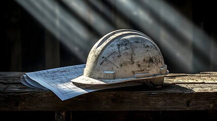 Naklejka premium Construction Safety Hard Hat on Blueprints with Sunlight Rays