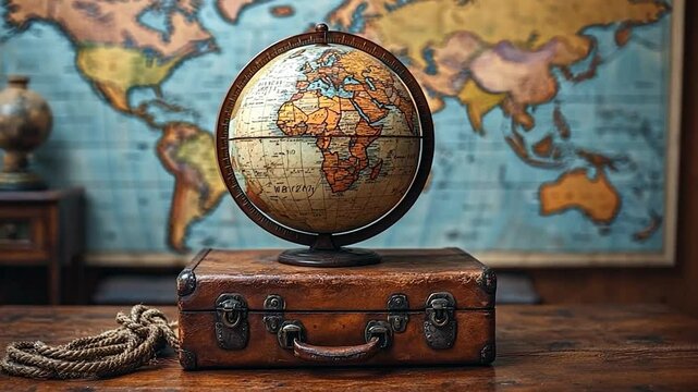 Vintage globe on a wooden suitcase with a world map backdrop