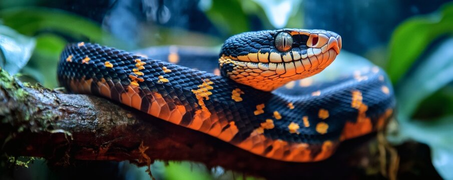A vibrant colorful snake resting peacefully on a branch of wood