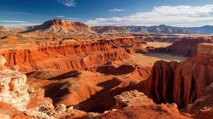 Majestic Red Rock Canyon Landscape Under a Bright Blue Sky with Scattered Clouds