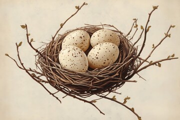 Obraz premium Bird nest with four eggs on branch