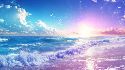 A beautiful beach with ocean waves and a colorful sunset sky