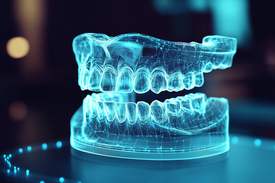 holographic representation of human jaw showcasing orthodontic technology, emphasizing dental structures and innovations in oral care