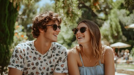 Obraz premium Happy Young Couple Enjoying Time Together in Sunny Park Setting