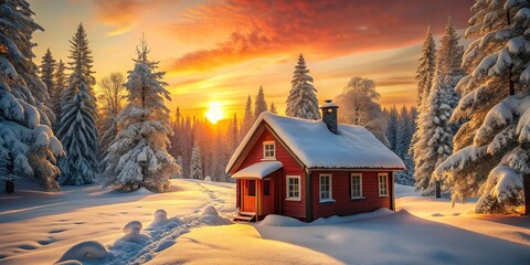 Naklejka premium Cozy Red Wooden Playhouse in Snowy Winter Forest Sunset