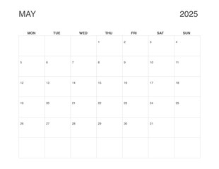 MAY 2025 Letter Size Monthly Calendar, Minimalist Printable Calendar, Dated MAY Planner