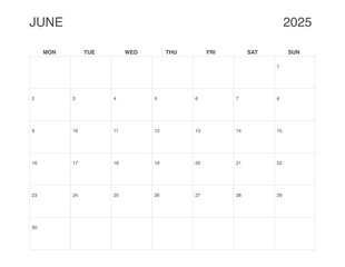 JUNE 2025 Letter Size Monthly Calendar, Minimalist Printable Calendar, Dated JUNE Planner