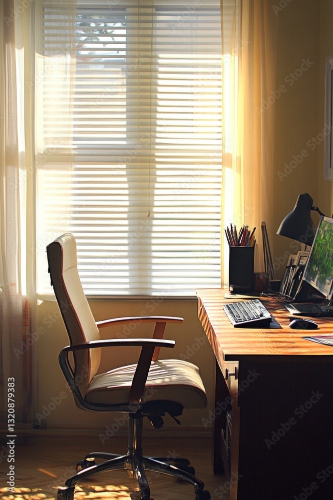 Poster a desk with a laptop and chair in front of a window, perfect for working or studying