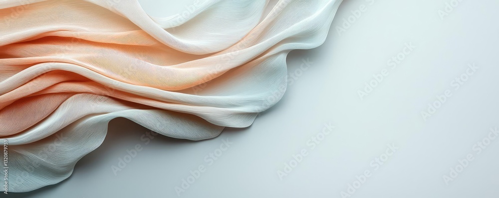 Poster Minimalist graphic design abstract background concept. Elegant flowing fabric in soft peach and white tones on a minimalist background.