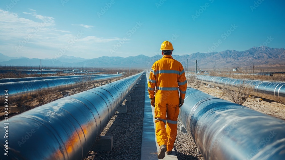 Aufkleber a worker in an orange uniform and helmet walks beside long pipelines in a vast petrochemical facilit
