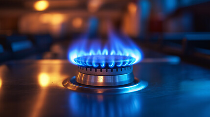 Bright Blue Gas Flame Dancing on a Kitchen Stove at Night, Illuminating Surroundings With Warm Glow