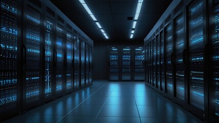 Fototapeta premium A Mesmerizing Digital Ocean Of Data Quietly Humming In A Cool, Dark Server Room, Glowing With An Ethereal Blue Light