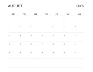 AUGUST 2025 Letter Size Monthly Calendar, Minimalist Printable Calendar, Dated AUGUST Planner