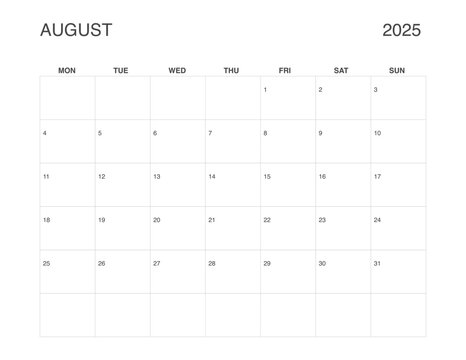 AUGUST 2025 Letter Size Monthly Calendar, Minimalist Printable Calendar, Dated AUGUST Planner
