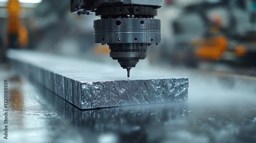Fototapete Intricate machining is taking place on an aluminum block using a CNC machine in a modern manufacturing facility, highlighting industrial automation and engineering expertise.