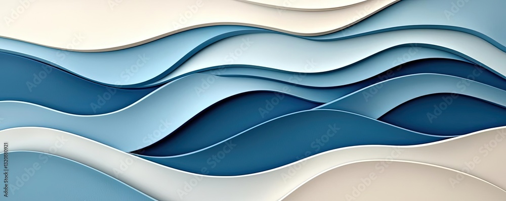 Poster Abstract landscape background idea. Abstract paper waves in blue and white tones create a serene visual experience.