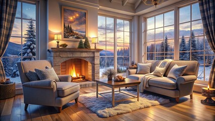 Cozy Winter Living Room Fireplace Snow View Stock Photo