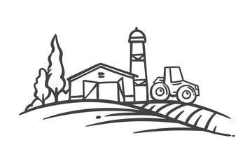 Farm barn with open gate, water tower and tractor on field line icon. Outline hand drawn sketch of farm building and farmer equipment in farmyard. Farming mascot, rural scene icon vector illustration