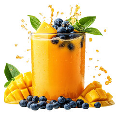 Glass of Orange Juice with Blueberries and Mangos Isolated on Transparent Background