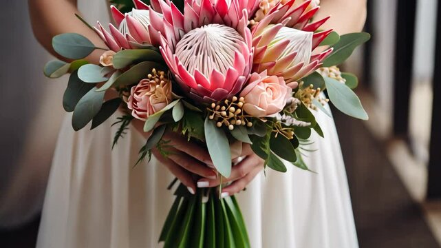 Bride holding an elegant bouquet with protea flowers