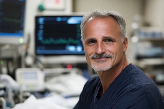 A friendly doctor in scrubs poses with a smile in a clinical environment, highlighting professionalism and care in healthcare services inducing a reassuring atmosphere.
