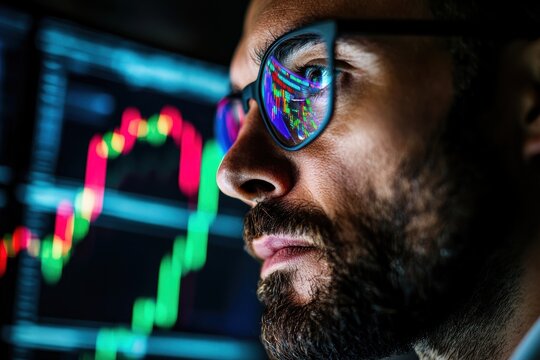 Stock market expert reviewing digital trading charts, data visualization on multiple screens, fintech and investment management