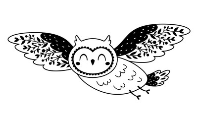 Black and white owl clipart. Floral bird doodle, seasonal character in cartoon flat style. Hand drawn vector illustration.