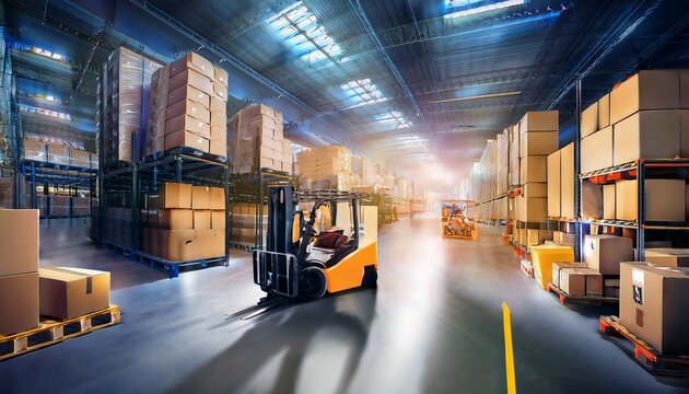 a bustling warehouse scene during peak shipping hours with packages boxes drones and forklifts working together to efficiently move and organize the inventory