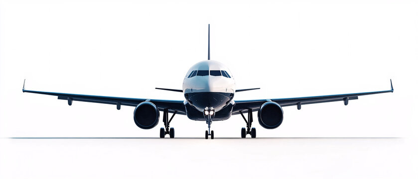 A commercial airplane with dark tones captured from the front on a white background emphasizing its wingspan, engines, and modern aerodynamic design
