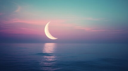 A glowing crescent moon resting on a calm ocean with a pastel sky. picture