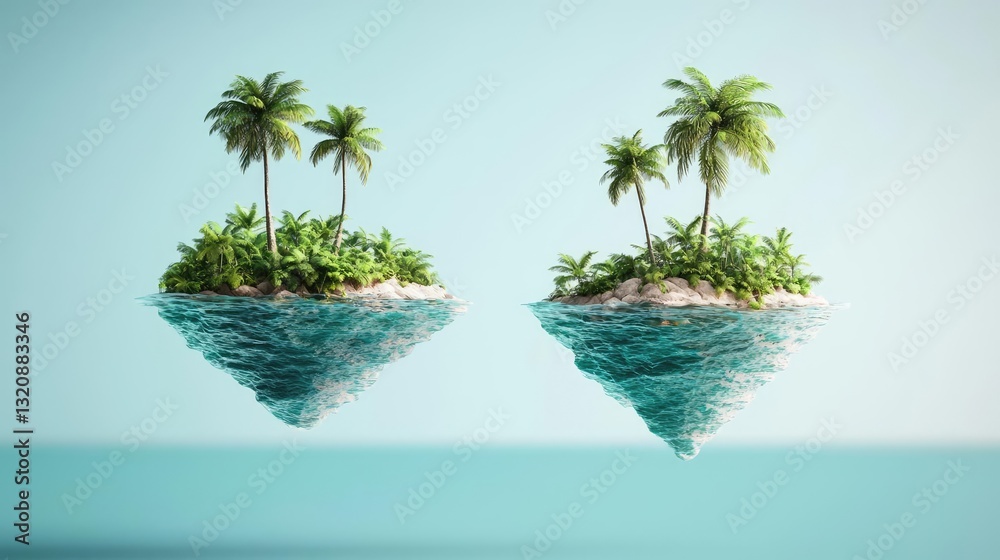 Poster Abstract landscape background idea. Floating islands with palm trees above serene waters, creating a tranquil escape.