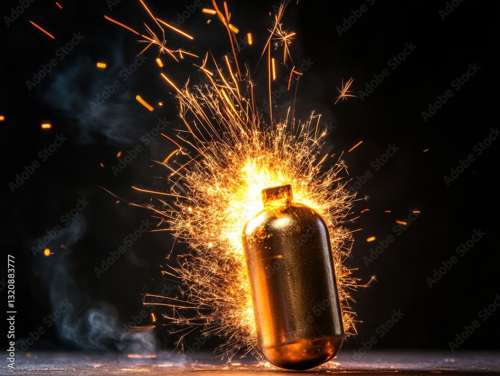 Poster a fire extinguisher emitting sparks, suitable for use in emergency response scenarios or as a visual