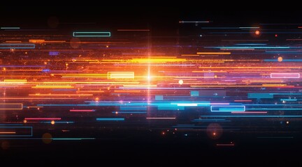 Obraz premium Fast-moving multicolored streaks and abstract geometric shapes, glowing bright lines in orange, red, yellow, blue, purple, motion blur, high contrast, dark background, digital art, modern technologica