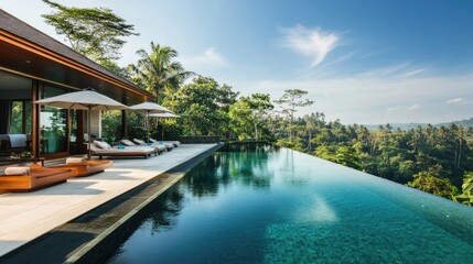 A luxury resort with infinity pool overlooking lush green forests