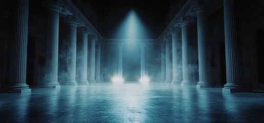 Fototapeta premium A dark and grungy 3D rendered club scene features neon glowing spotlights, a catwalk, and a podium stage overlooking a dance floor path illuminated by blue LED lights and concrete