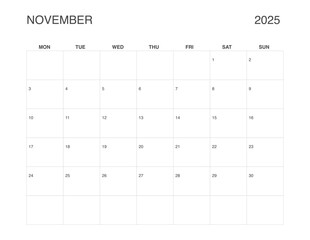 NOVEMBER 2025 Letter Size Monthly Calendar, Minimalist Printable Calendar, Dated NOVEMBER Planner
