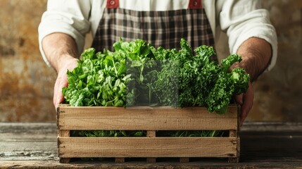 Close up of farmer s hands holding a wooden crate filled with freshly harvested organic greens and vegetables from a sustainable eco friendly farm  Concept of healthy
