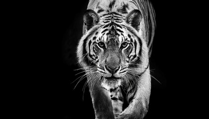 a tiger walking towards the camera on a black background in black and white with high contrast as a full body shot in a hyper realistic