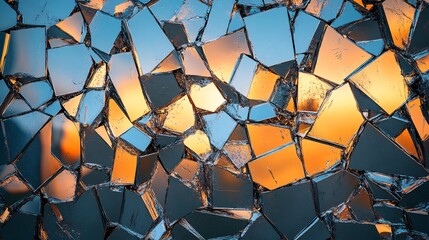 Fragments of broken glass reflecting orange and blue sky