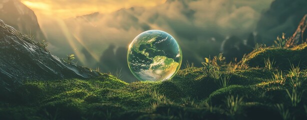 Sustainable ecology and environmental protection are represented by a glass earth ball encompassing Europe, Africa, and Asia, symbolizing a climate protection sphere