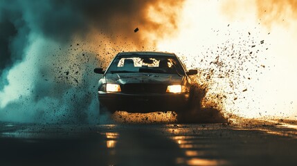 A dramatic scene of a car speeding through an explosion with flying debris and smoke, capturing intense action and adrenaline.