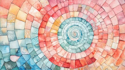Fototapeta premium A vibrant, swirling pattern of concentric circles composed of colorful tiles, showcasing a blend of red, blue, and pastel hues in an artistic design.